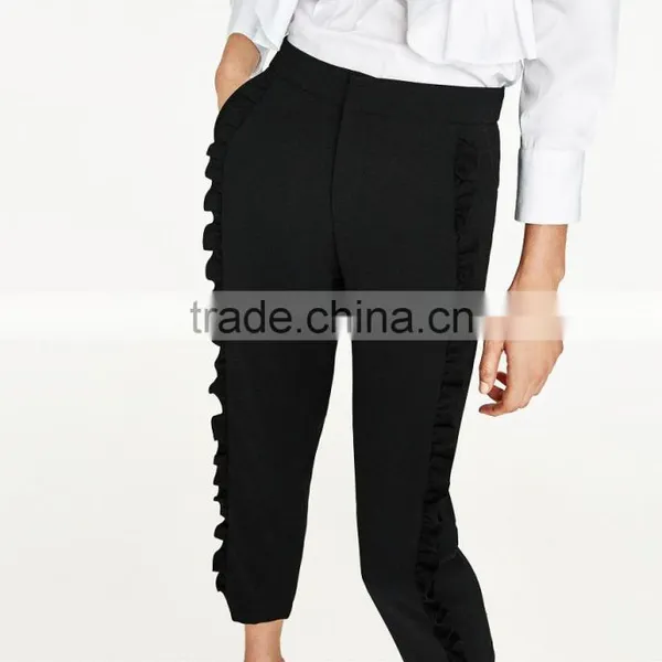 2017 Oem Eco-friendely Pink Cropped Flowing Frilled Women's Trousers photo-4