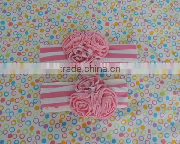Mom&me Craft Flower Hairband 2016 Stripe Cotton Elastic Headband With Three Ruffle Flower Kids Hairwear Wholesale photo-4
