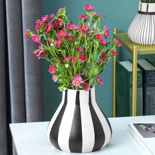 Classics White And Black Stripe Large Simole Style Ceramic Vase, Hotel And Living Room Decoration photo-3