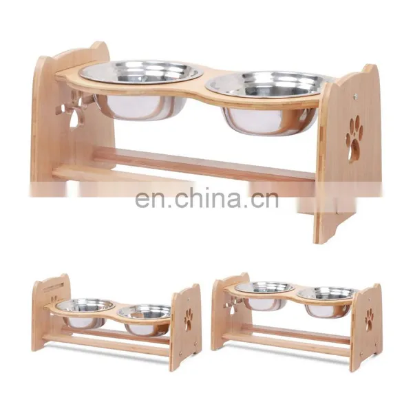 Raised Pet Bowls for Cats and Dogs Adjustable Bamboo Elevated Dog Cat Food and Water Bowls Stand Feeder With 2 Stainless Steel