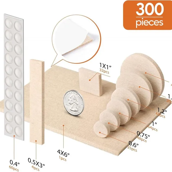 Premium Furniture Felt Pads (Beige), Self Adhesive Anti Scratch Floor Protector for Furniture Legs Hardwood With 60 Cabinet Door Bumpers photo-5