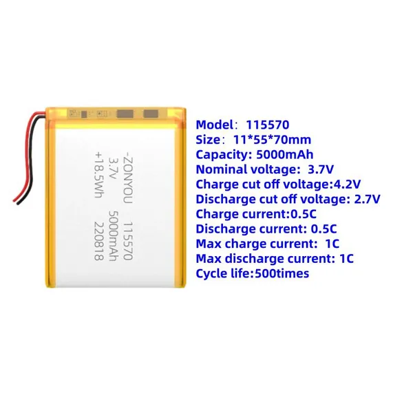 OEM ODM Custom 115070 Pouch Cell 5000mah Lithium Polymer Battery 3.7V With Long 500 Cycles Life Span for Power Toys Power Tools photo-2