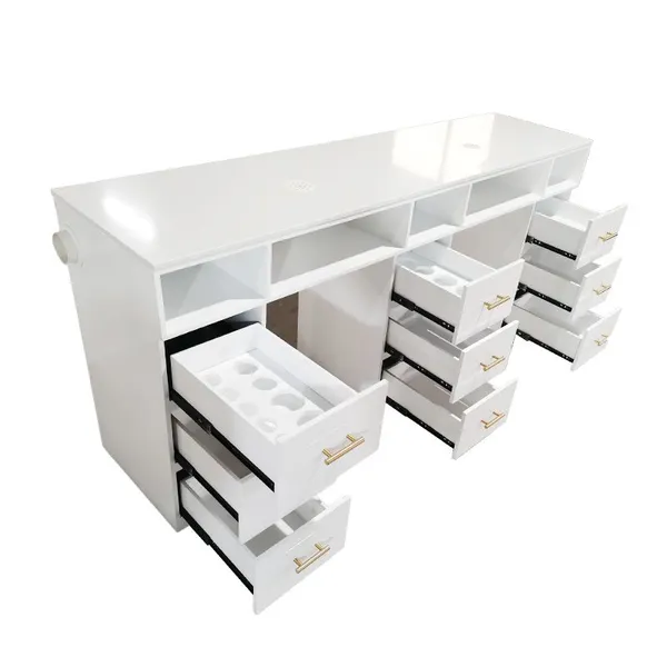 Luxury White Leather Tufted Nail Table for Nail Manicure Salon With Dust Collector & Drawers for Workshops photo-5