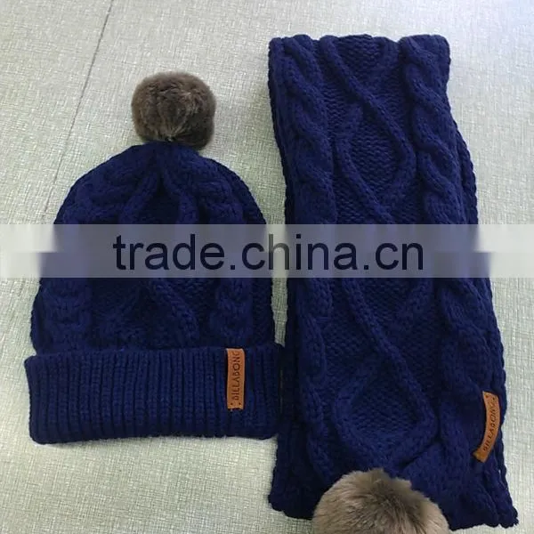 Fashion Wool Knitted Winter Faux Fur Pompoms Hat Scarf Set