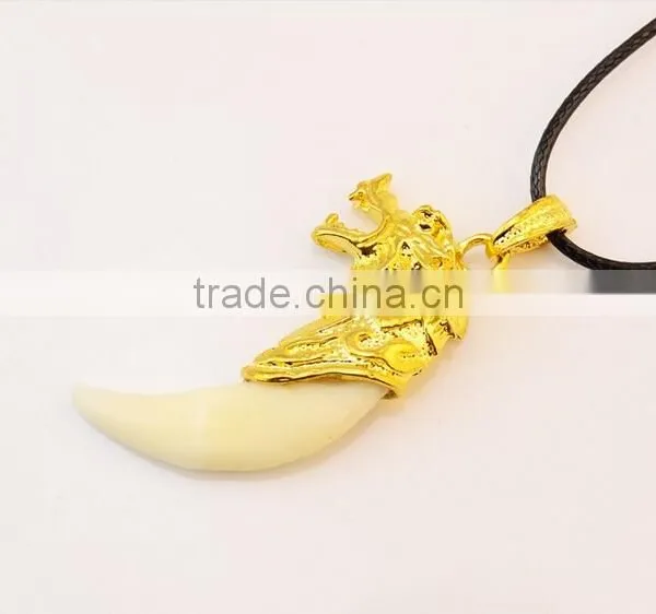 Retro Cool Men's Charm Choker Wolf Tooth Pendant Genuine Leather Alloy Necklace photo-3