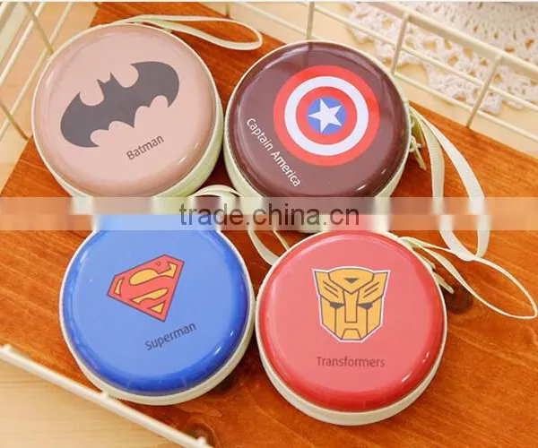 Wholesale Zipper Style Round Shape Metal Coin Purse Coin Holder Metal Amerian Cartoon Printing Tinplate Coin Purse With Lanyard
