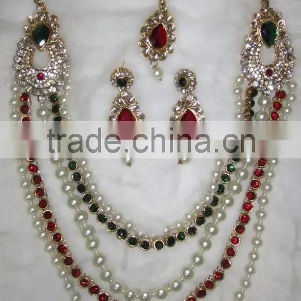 Maroon Green RANI HAAR Stone Gold Plated BRIDAL Necklace EARRING Set photo-2