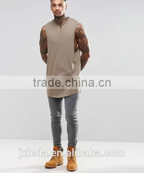 Men 100% Cotton Blank Super Long Line Notch Neck Sleeveless Tee Shirt Factory Suppliers in China photo-4