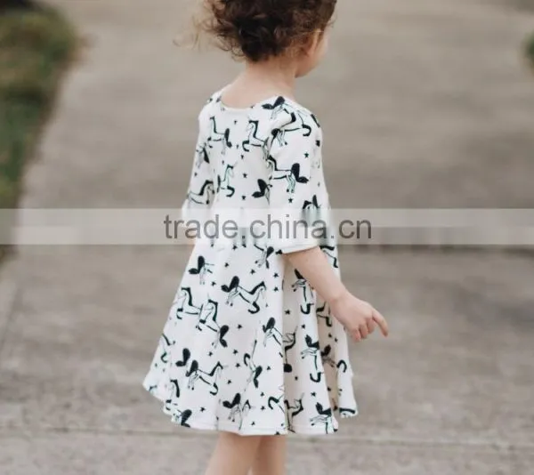 Little Girls Fall Clothing Kids Unicorn Twril Cotton Printed Long Sleeve Dress photo-4