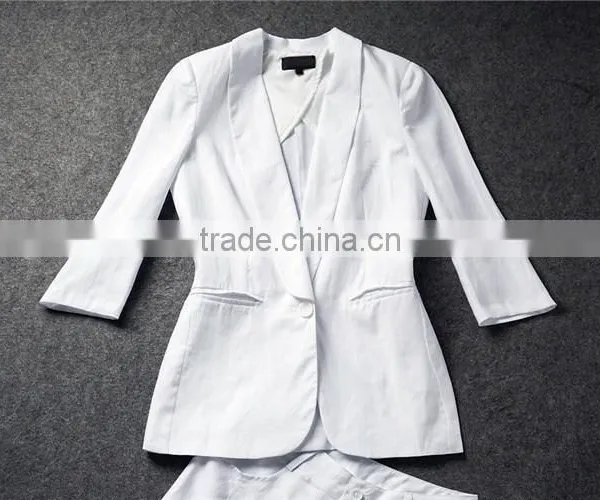 2014 Summer Cotton/linen Ladies Two Pieces Short Sleeve Blazer and Middle Pants Set Women Office Business Suit photo-2