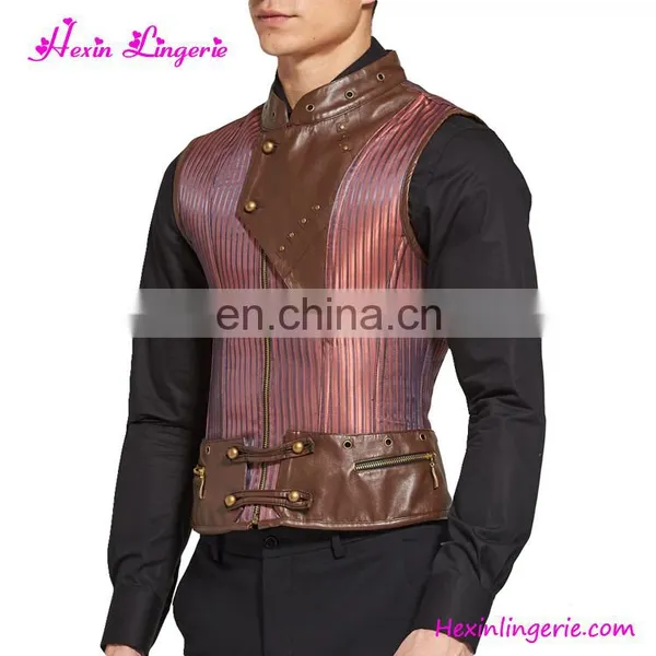 Fashionable Brown 8 Steel Boned Mens Zipper Two Pockets Locking Corset Wholesale photo-2