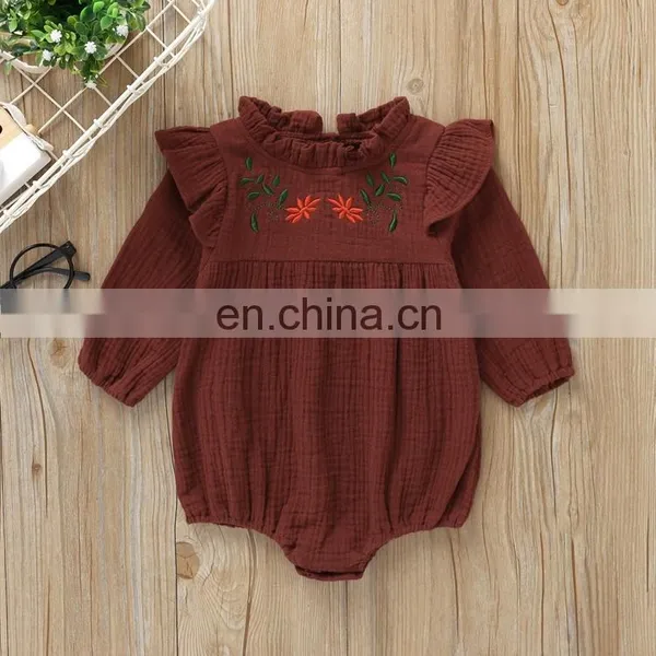 Wholesale Fashion Romper Full Sleeve Ruffle Flower Embroidery Baby Linen Romper photo-5