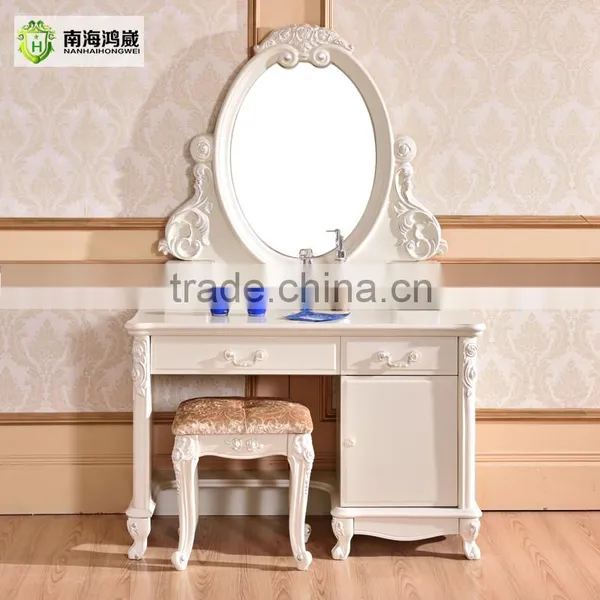 Luxury Antique European French Baroque Style Ivory White Hand Carved Wooden MDF Vanity Dressing Table Set photo-2