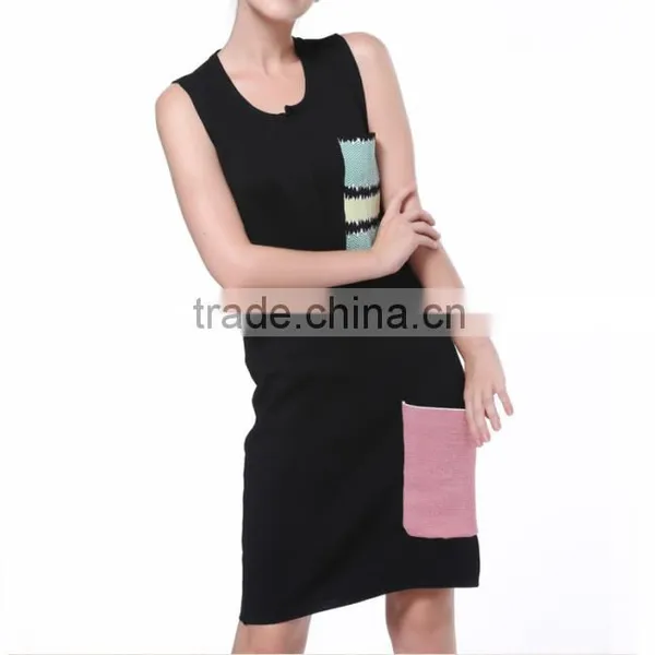 Plus Size Women Dress Black Knitted Sleevless Dress With Patchwork