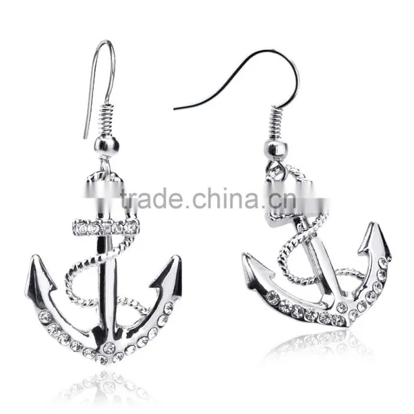 Long Earings 18k White Gold Plated Silver Color Austrian Crystal Rhinestone Dangle Anchor Earring photo-4