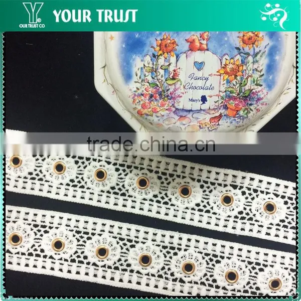 White Polyester Lace Rhodium Flat 15MM Metal Grommet Eyelet Trimming photo-3