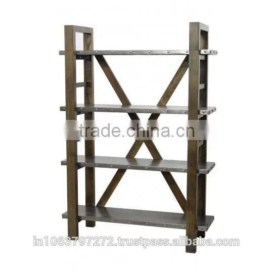 BookShelf Of Zinc Shelves With Zinc Finish Mango Wood and Tobacco Grey Finish