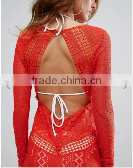 OEM Service Formal Dress Round Neck Sexy Back Open Tight Pencil Women's Lace Long Sleeve Evening Dress photo-3