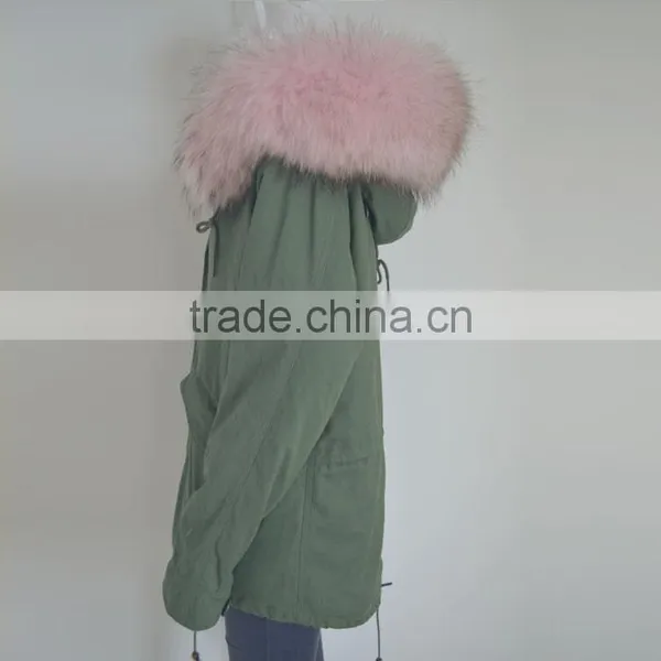 Myfur Army Green Cotton Parka With Pure White Fake Rabbit Fur Lining photo-4
