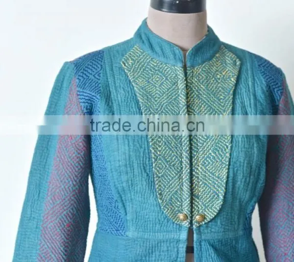 Vintage Kantha Jacket in Viridian Green With Embroidery ~ Extra Large photo-3