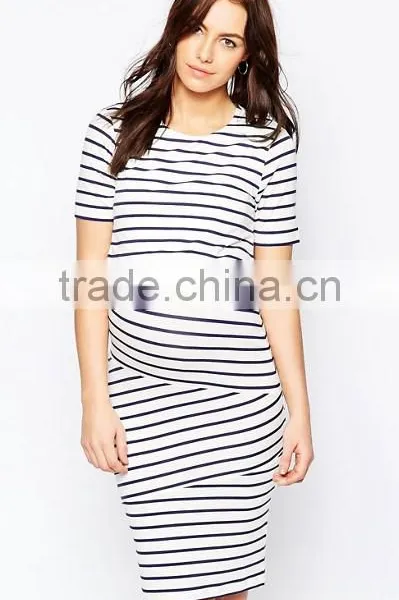 New Fashion Elegant Dress Short Sleeve High Quality Stripe Knitted Maternity Clothes photo-2