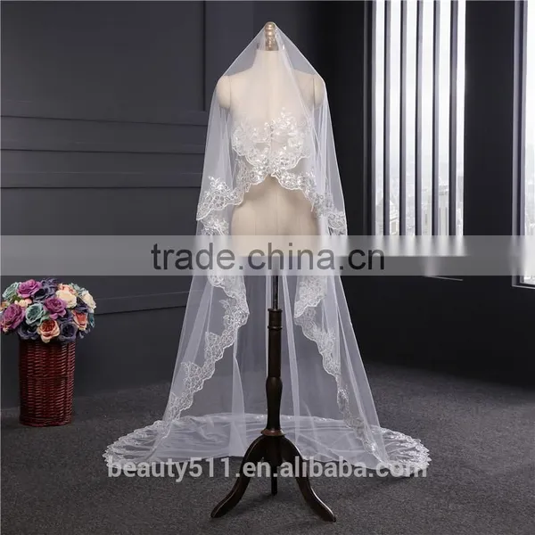 2017 Wholesale New Grance Long Lace Bridal Wedding Veil Fashionable Long Tulle HL23 photo-5