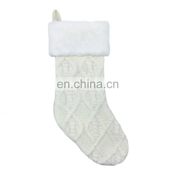 Wholesale Decorative Knit White With Mouth of Faux Rabbit Fur Christmas Socking for Christmas