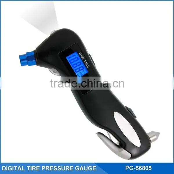 Auto 5-in-1 Digital Tire Air Pressure Gauge - Safety Hammer, Flashlight, Seatbelt Cutter, Red Safety Light