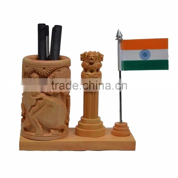 Jaipur Rajasthan Ashok Sthamb Indian Flag Wooden Pen Stand Tableware