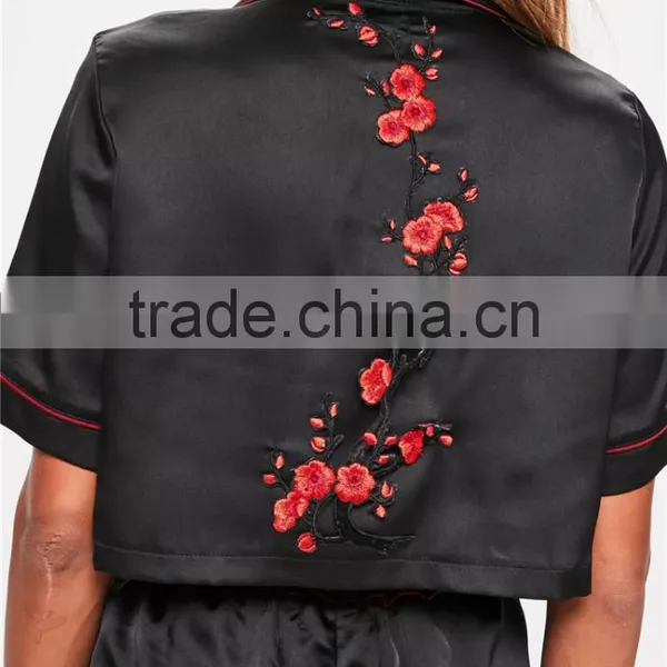 MGOO Embroidered Satin Pajama Set Black Satin Applique Detail Pyjama Set Crop Short Sleeve Button Top With Shorts photo-5