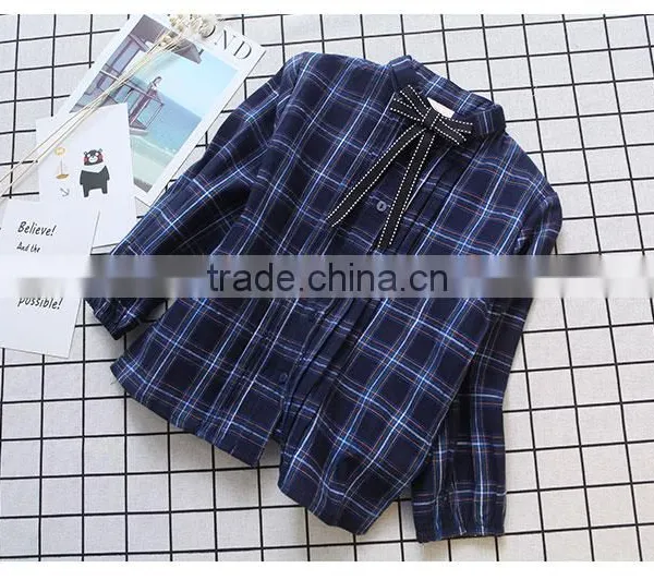 2-8 Years 2017 New Wholesale Autumn Cotton Full Sleeve Bow Plaid Girls Blouses photo-2