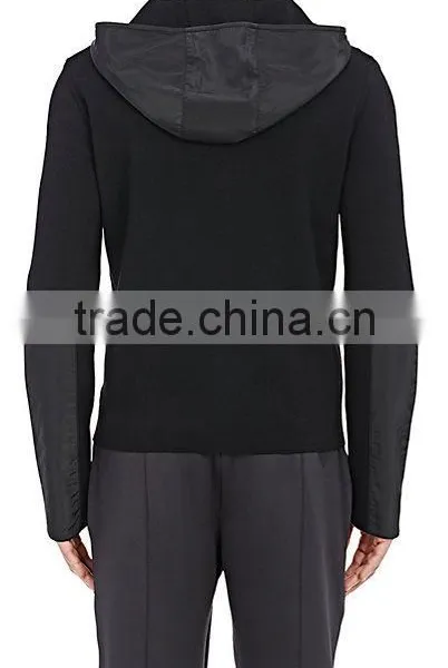 Black Rib-knit Virgin Wool Zip-front Hoodie Styled With Tech-fabric Elbow Patches photo-2
