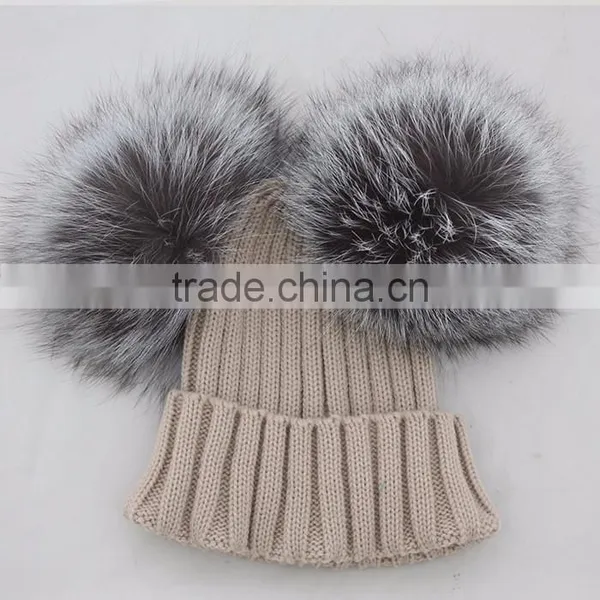 Myfur Dark Purple Girls Winter Wool Beanie Cap With Removable Silver Fur Balls photo-6