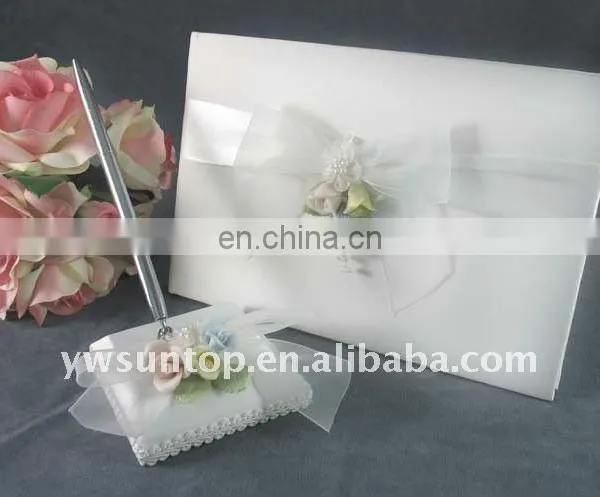 Three Flowers Design Satin Signature Guest Book & Pen Holder Set Vintage Wedding Decoration