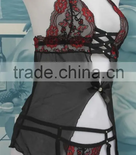 2016 Sexy Back Bandage Chinese Lace Silk Babydoll Dress Lingerie photo-2