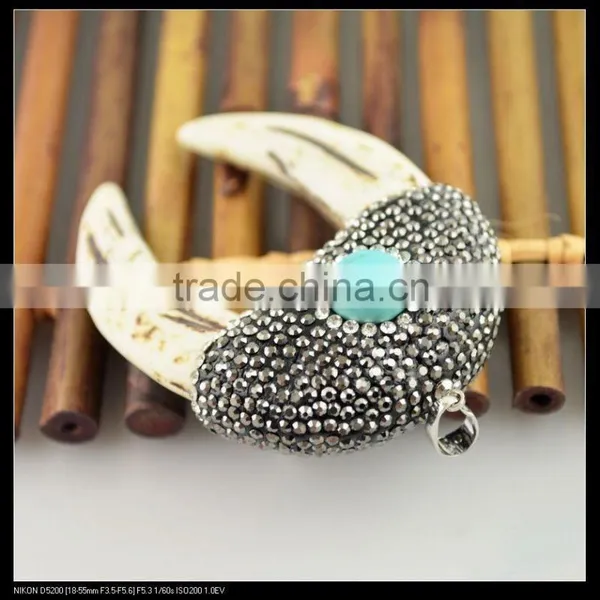 LFD-0099P ~ Fashion! Two White Teeth Pendant With Crystal Rhinestone and Turquoise Paved Charms Pendants photo-2
