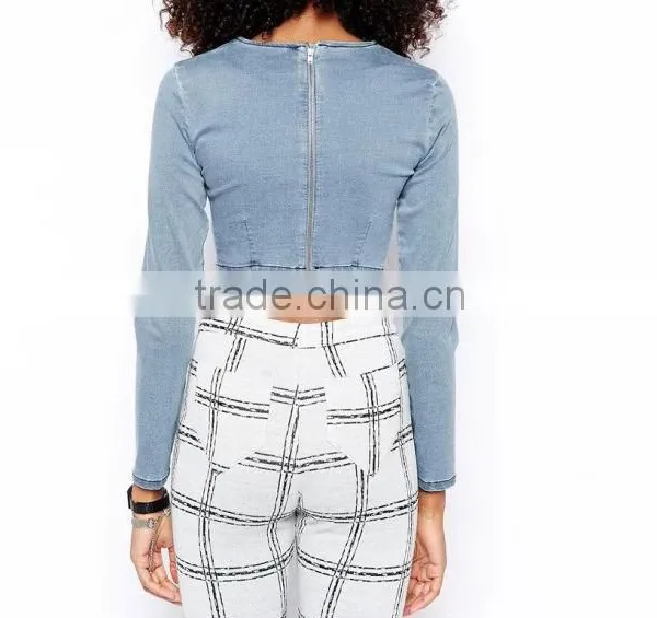 2014 European New Arrivals Sexy Denim Tops Fashion Style Short Tops With Long Sleeves photo-2