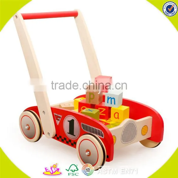 2017 Wholesale New Products Baby Wooden Push Along Walker Best Design Kids Wooden Push Along Walker With Building Blicks W16E067 photo-2