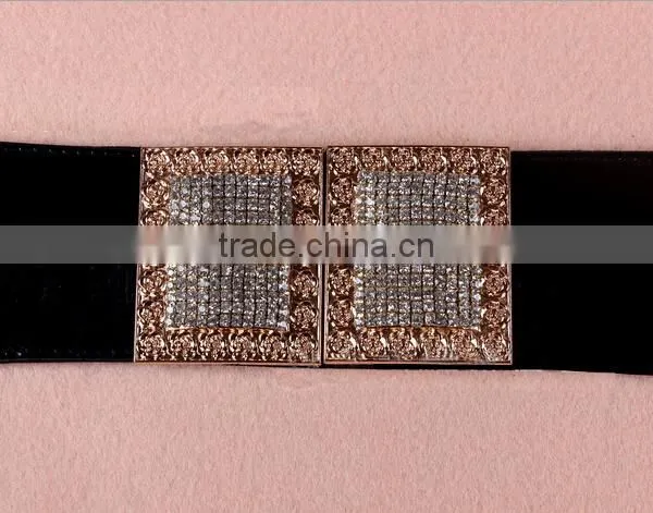 Wholesale Luxury Rhinestone Paved Ring Type Alloy Buckle Wide PU Waist Belt photo-2