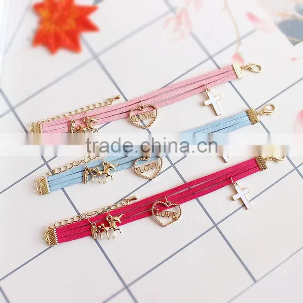 Gold Love Heart Cross Horse Feather Charms Sude Leather Bracelet Multi Layer Velvet Leather Bracelet photo-2
