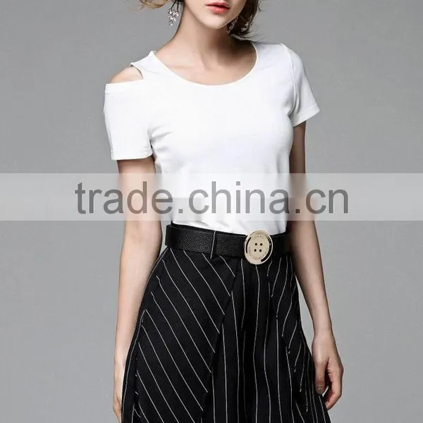 Two Pieces Set Women New Fashion Summer 2016 Ladies Off Shoulder T-Shirt Tops and Striped Print Wide Leg Pants photo-5