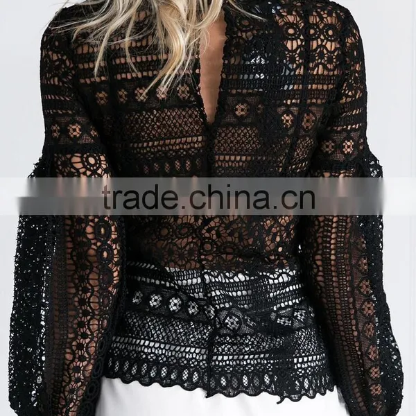 Runwaylover 118 Ladies 2017 Fashion Puff Sleeve Lace Transparent Blouse photo-6