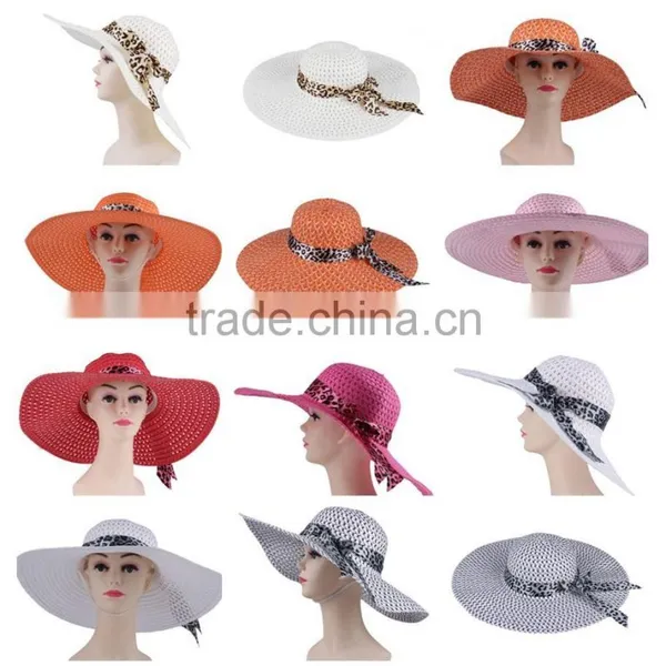 Leapord Chiffon Band Wide Brim Bucket Straw Cap Summer Outdoor Beach Hat photo-6
