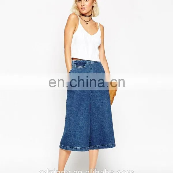 2015 New Fashion Denim Culottes Pants in Mid Blue Wash for Women photo-2