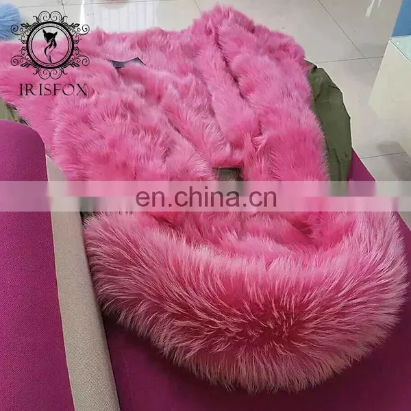 Real Pink Color Fox Fur Parka Wholesale Modern Oversized Fur Trim Coat for Women photo-4