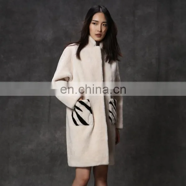 Hot Sales Merino Lamb Fur Long Coat With Zebra Pattern Pocket for Women photo-6