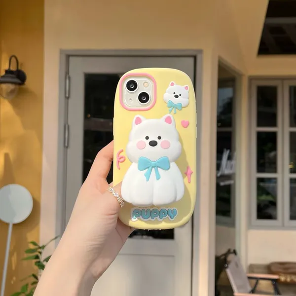Cartoon Cute Puppy Retractable Bracket Silicone Shockproof Protective Phone Cover Case For IPhone 11 12 13 14 15 Pro Max