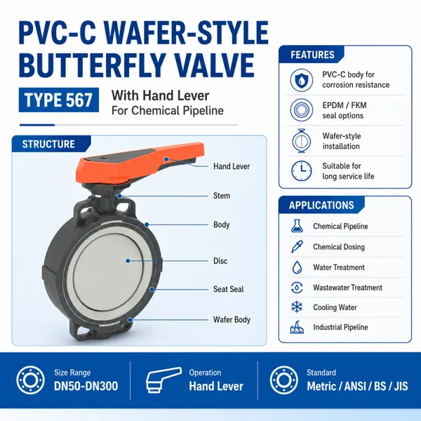 PVC-C Wafer Butterfly Valve Type 567 With Hand Lever For Chemical Pipeline photo-2
