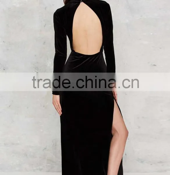 Plain Black Soft Sexy Long Sleeve Backless Evening Dress photo-2