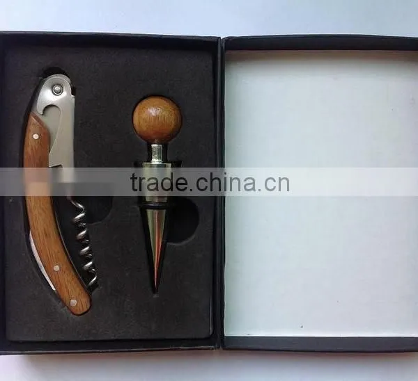 Banboo Handle Multifunction Corkscrew and Wine Stopper Black Paper Box Gift Set photo-2